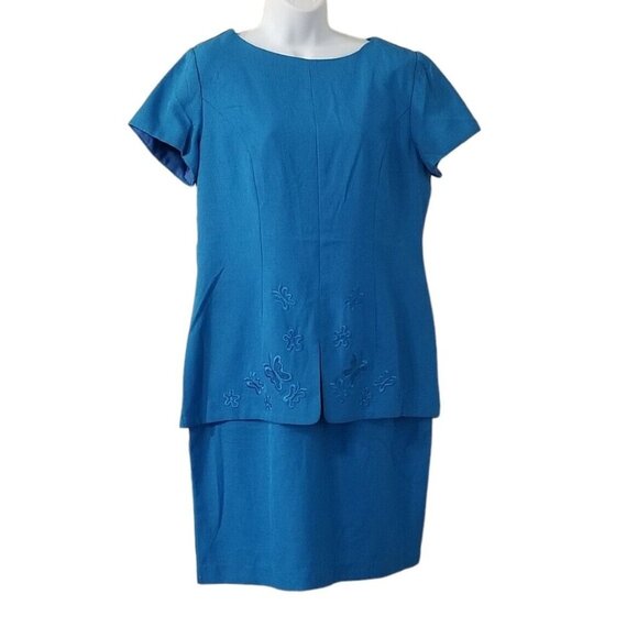 Virgo Vintage Womens Dress L Blue Embroidered Knee Length Slimming Short Sleeve - Picture 2 of 15
